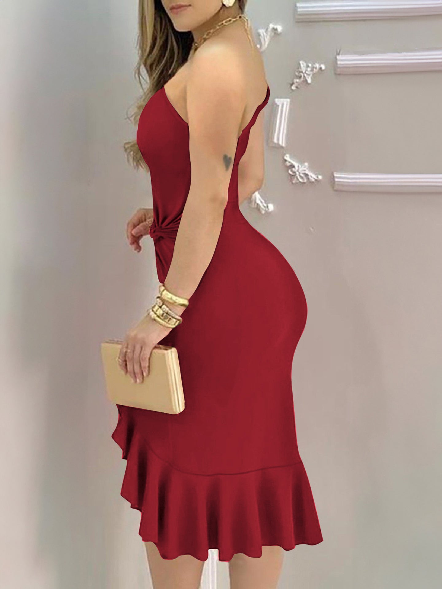 Women One Shoulder Ruffled Bodycon Dress