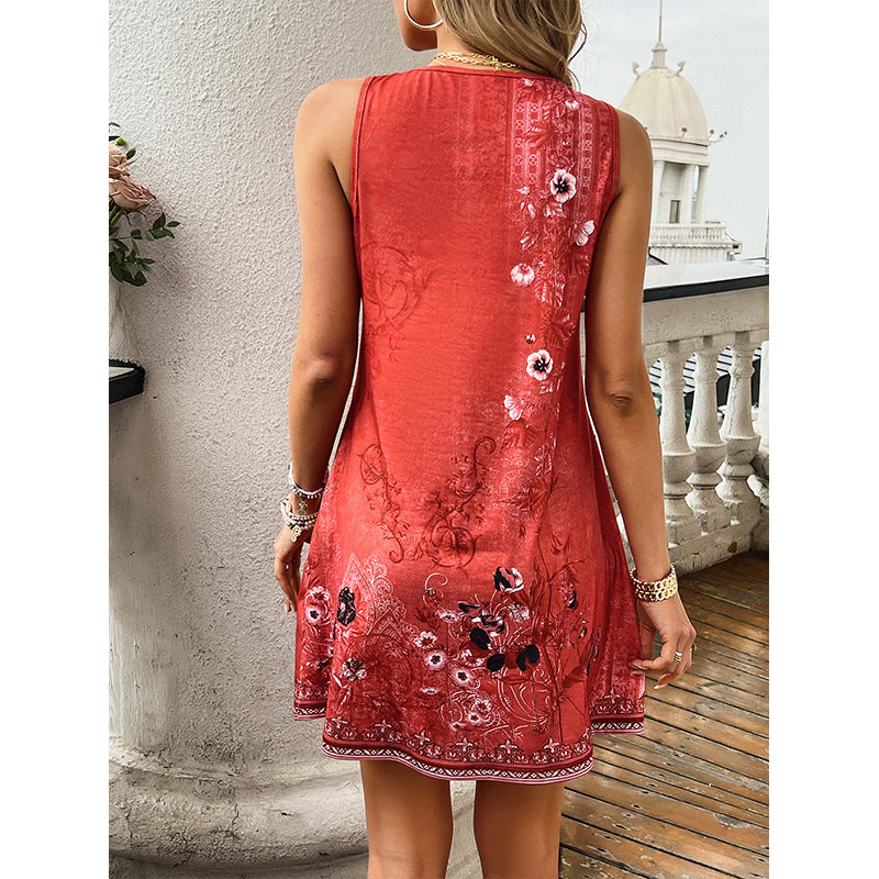 Floral Printed Keyhole Neck Sleeveless A-Line Mini Dress