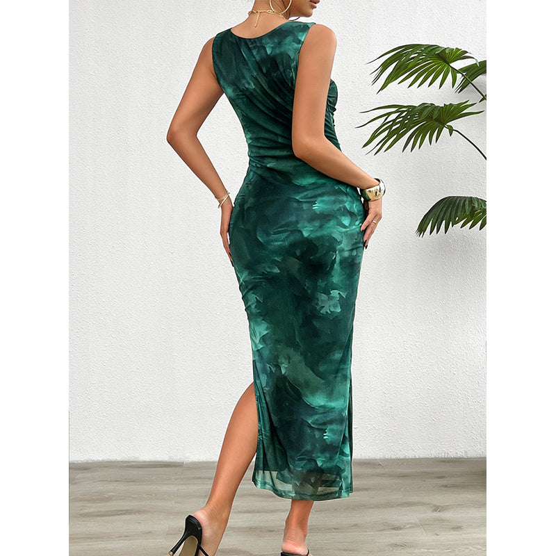 Green Round Neck Printed Bodycon Dress