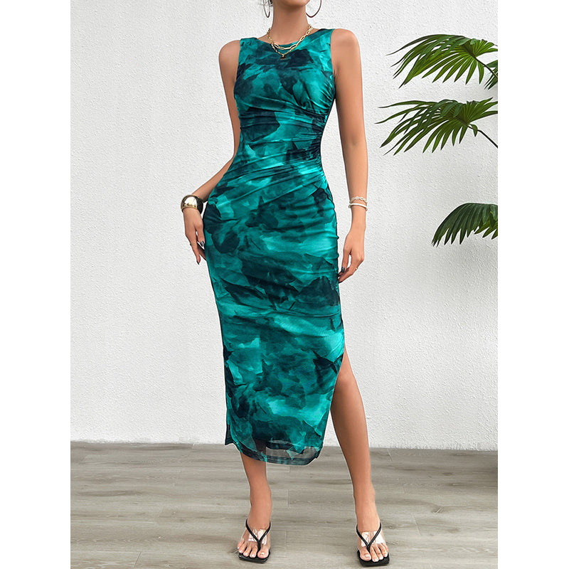 Green Abstract Print Maxi Dress