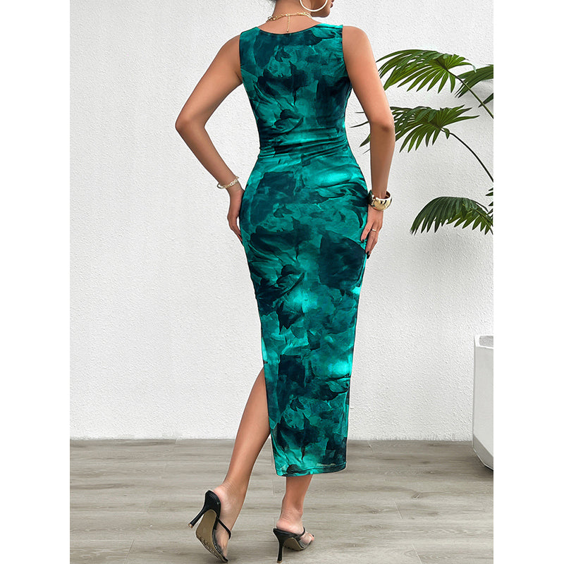 Green Abstract Print Maxi Dress