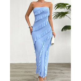 Blue Striped Off-Shoulder Ruffled Maxi Dress