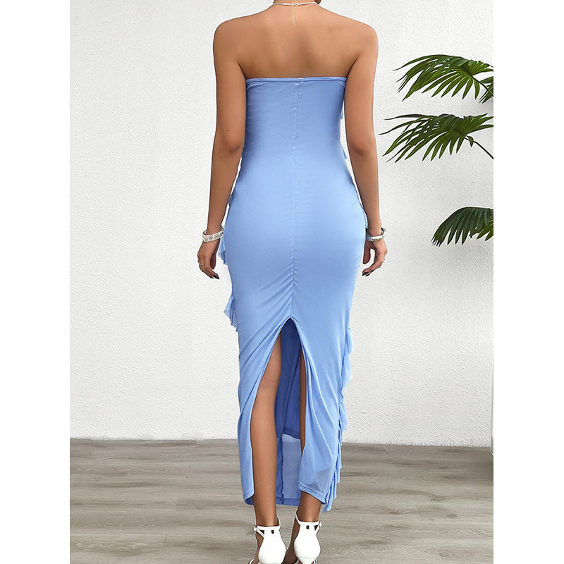 Blue Striped Off-Shoulder Ruffled Maxi Dress