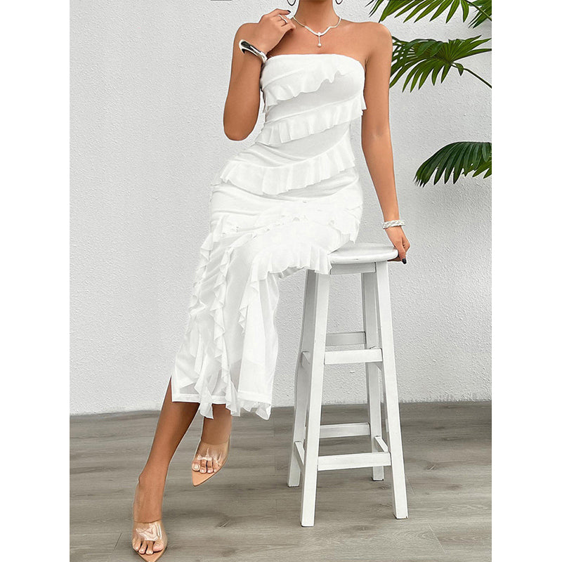 Strapless Sleeveless Ruffled Maxi Dress