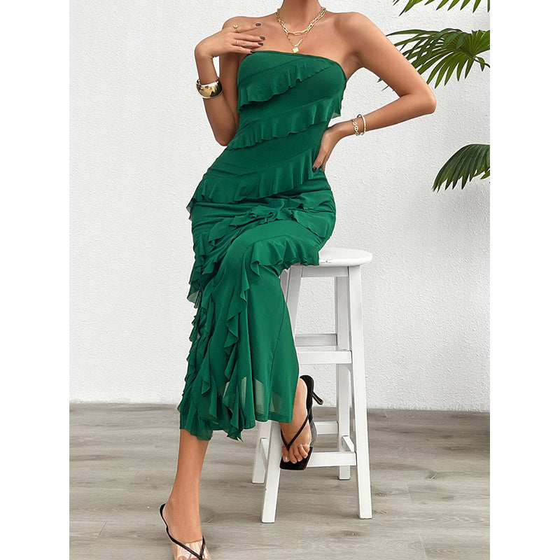 Green Off-Shoulder Ruffled Maxi Dress