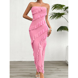 Pink Off Shoulder Ruffled Maxi Dress