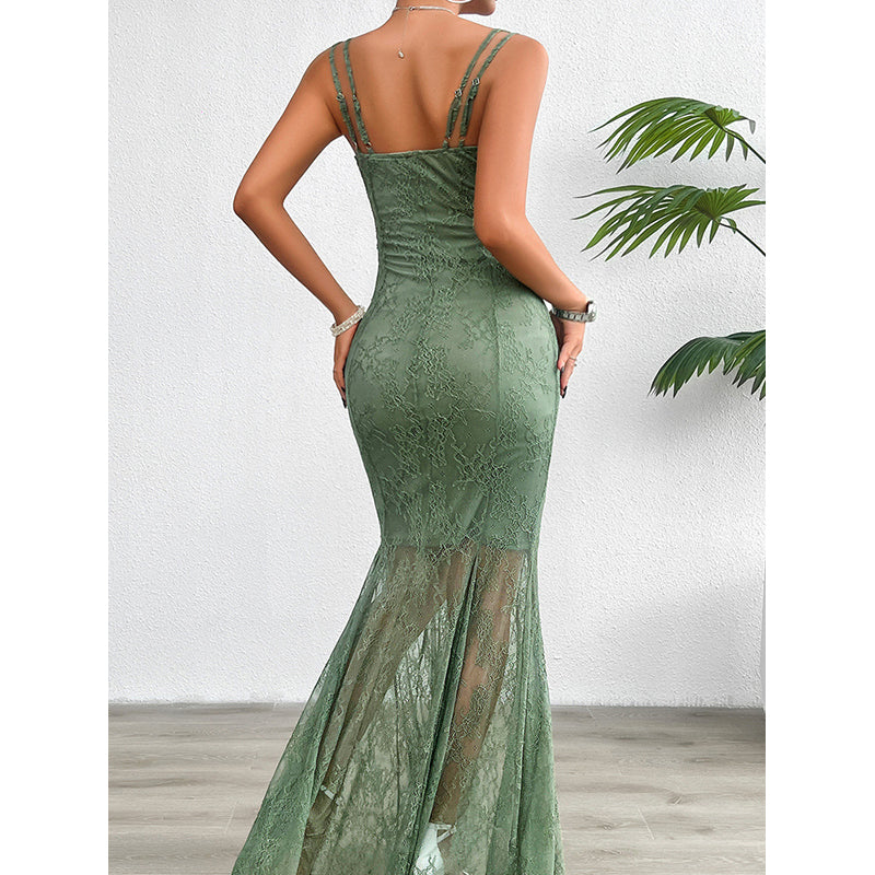 Green Lace Detail Sleeveless Maxi Party Dress