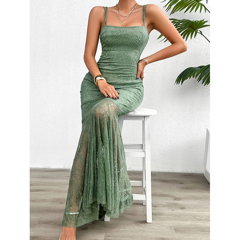 Green Lace Detail Sleeveless Maxi Party Dress