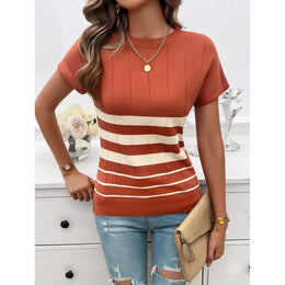 Women Horizontal Stripes Round Neck Top