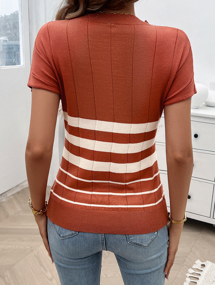 Women Horizontal Stripes Round Neck Top