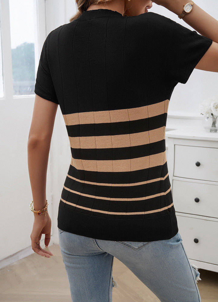 Women Horizontal Stripes Round Neck Top