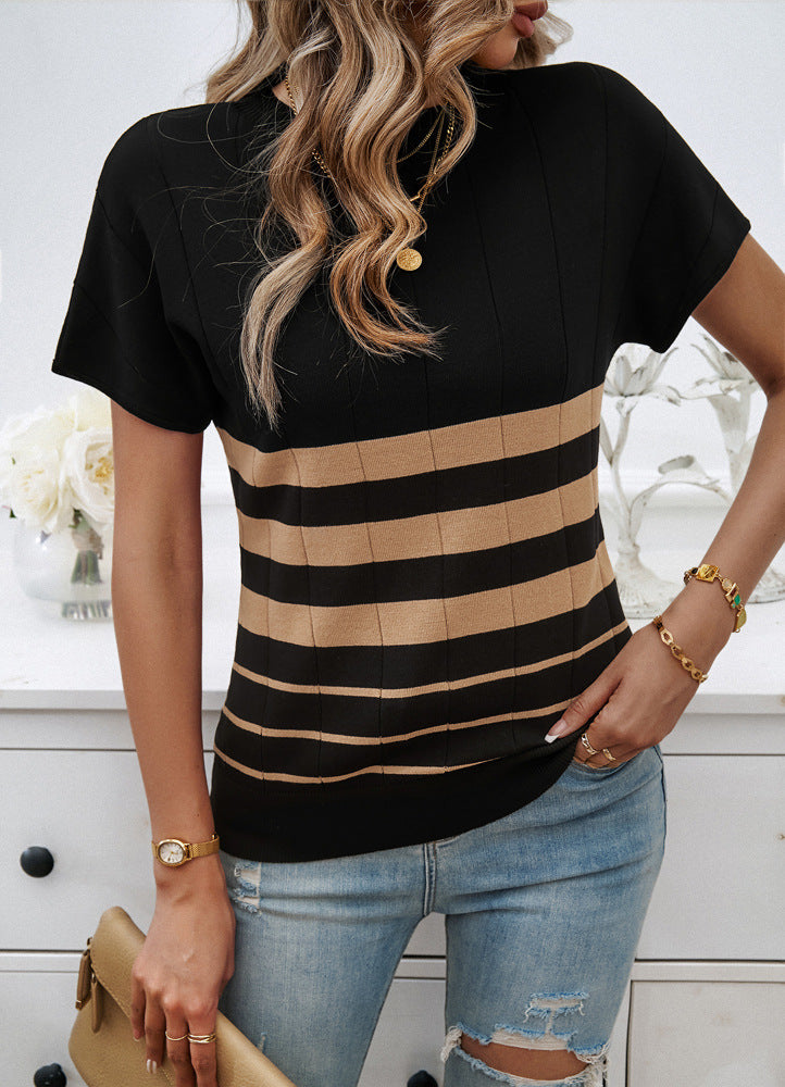 Women Horizontal Stripes Round Neck Top