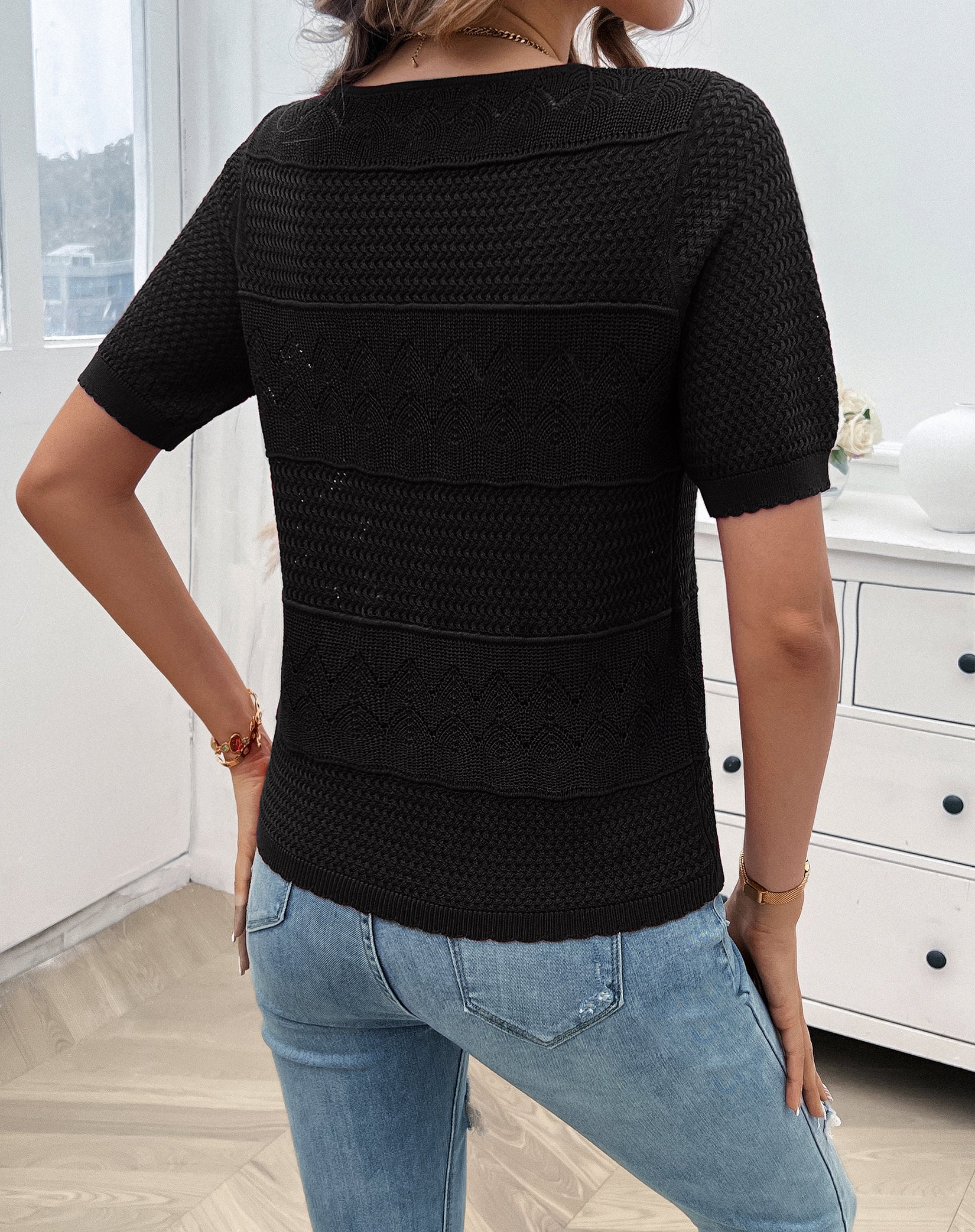 Black Self Design Regular Top