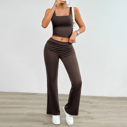 Brown Square Neck Sleeveless Top with Trousers