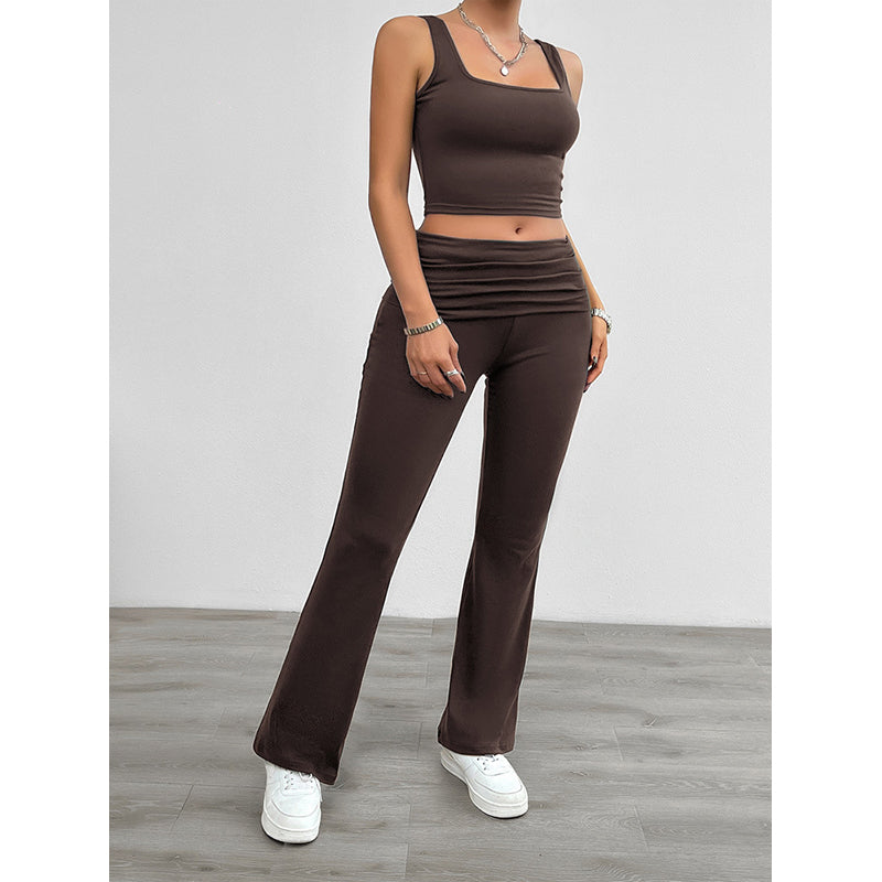 Brown Square Neck Sleeveless Top with Trousers