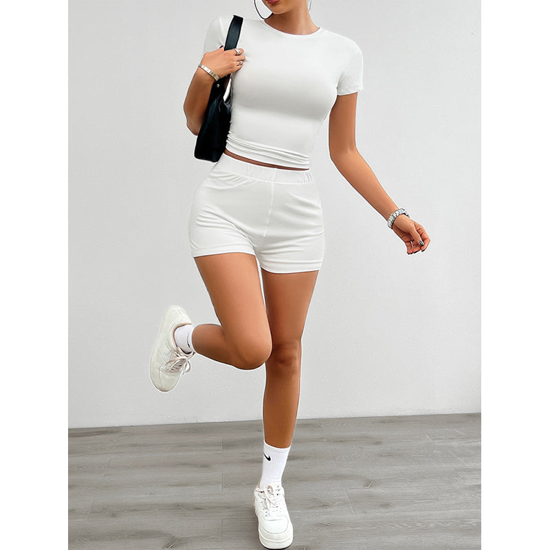 White Round Neck Top with Shorts