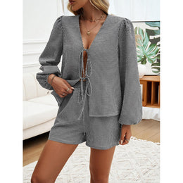 Checked V-Neck Tie Up Top With Shorts