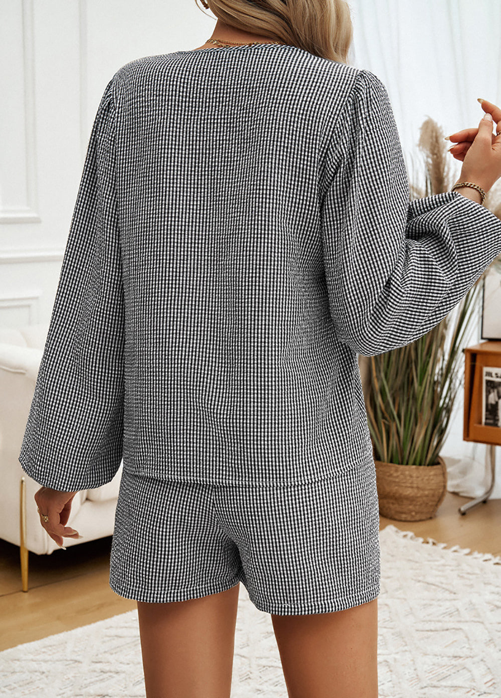 Checked V-Neck Tie Up Top With Shorts
