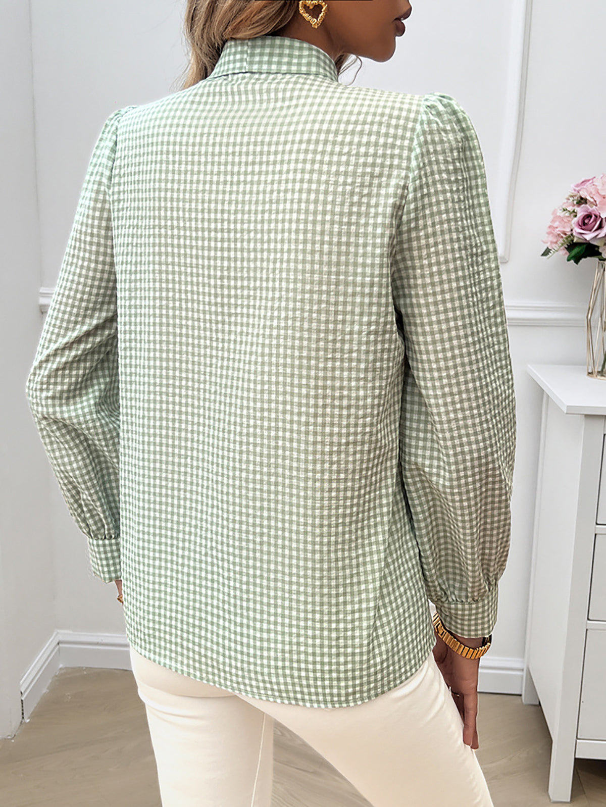 Women Collarless Gingham Checked Casual Shirt