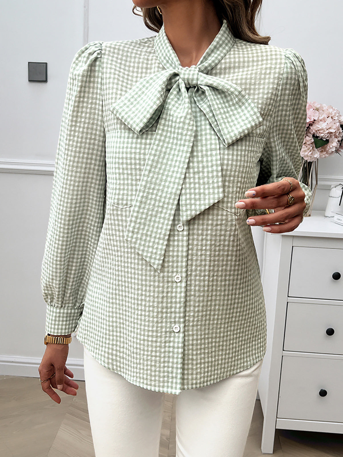Women Collarless Gingham Checked Casual Shirt