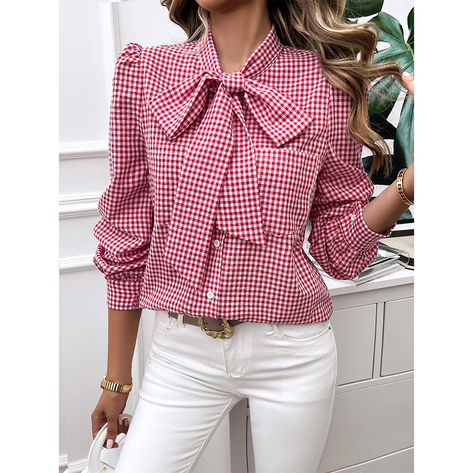 Women Collarless Gingham Checked Casual Shirt