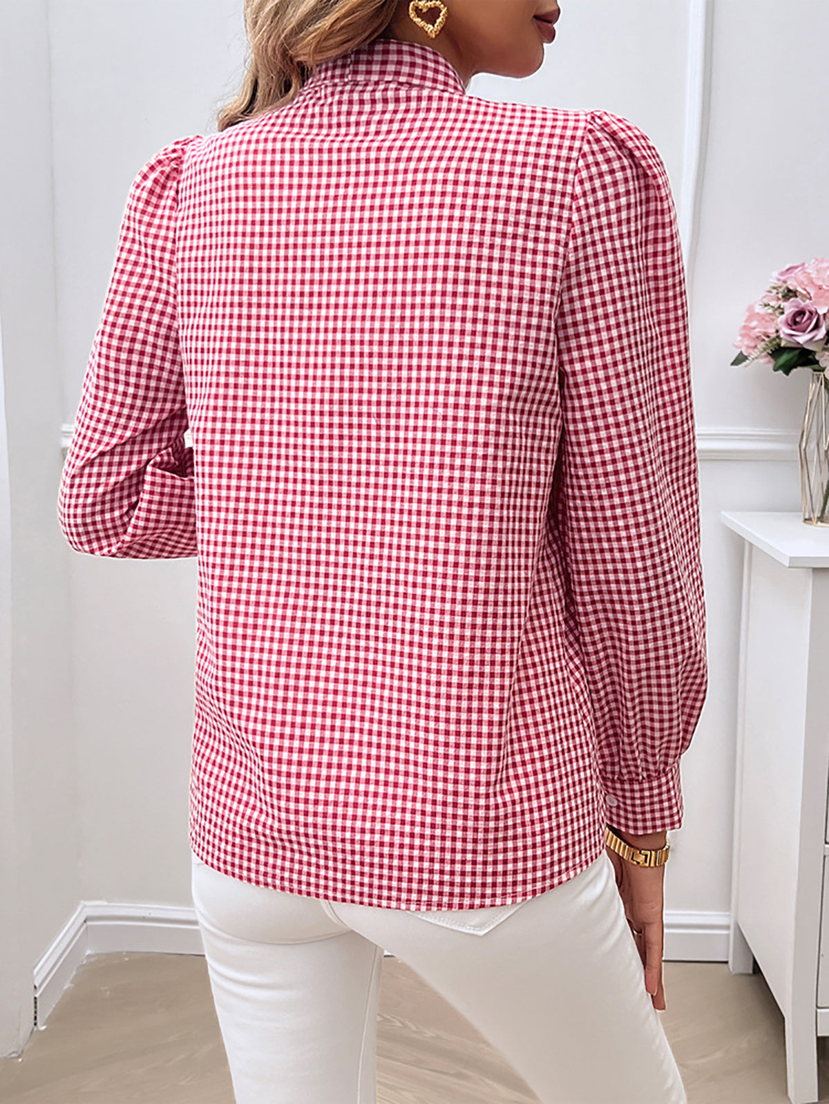 Women Collarless Gingham Checked Casual Shirt