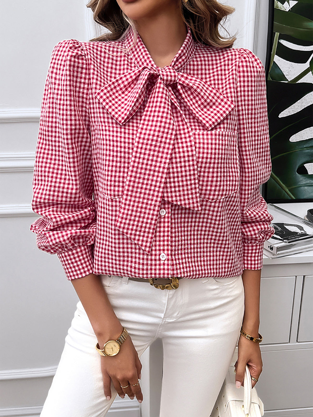 Women Collarless Gingham Checked Casual Shirt