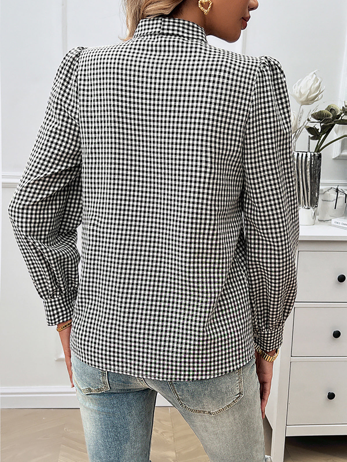 Women Collarless Gingham Checked Casual Shirt