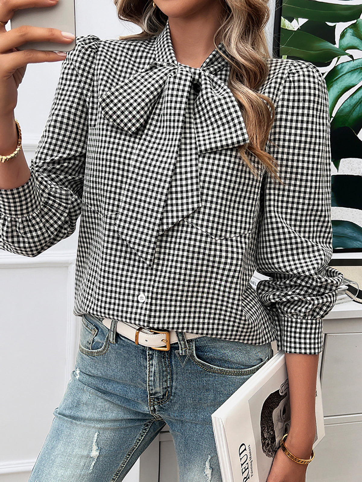 Women Collarless Gingham Checked Casual Shirt