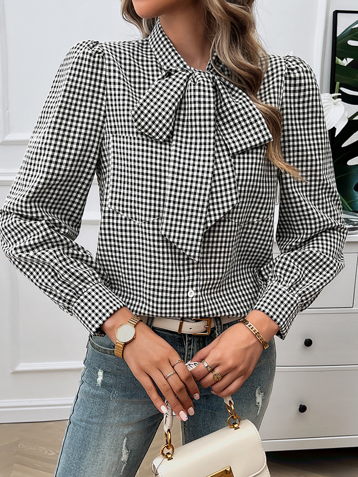 Women Collarless Gingham Checked Casual Shirt