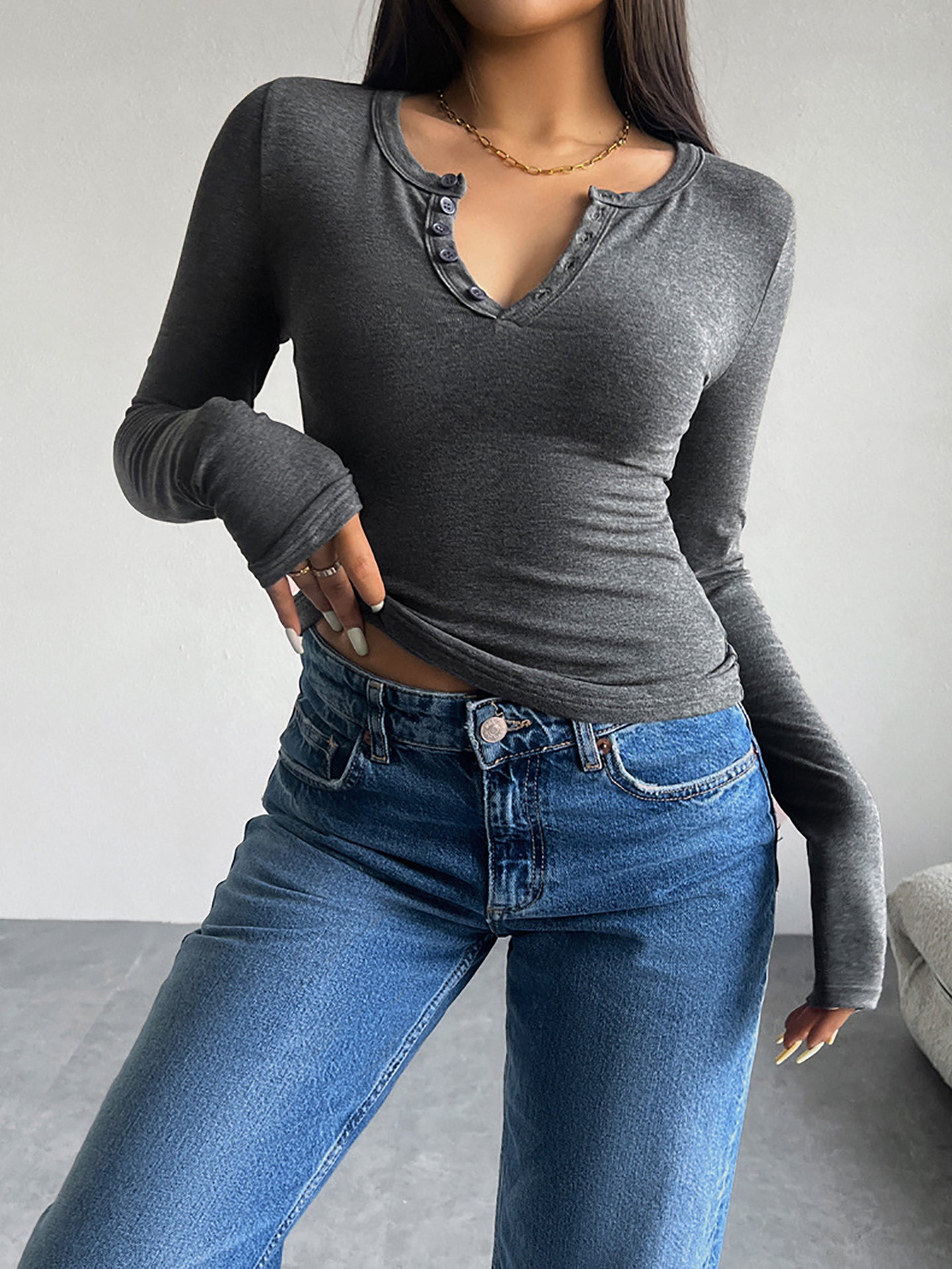 Women Solid V-Neck Top