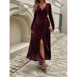 Women Accordion Pleats Velvet Wrap Maxi Dress