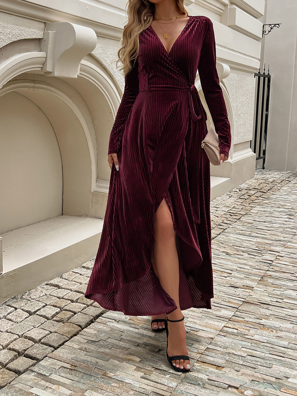 Women Accordion Pleats Velvet Wrap Maxi Dress