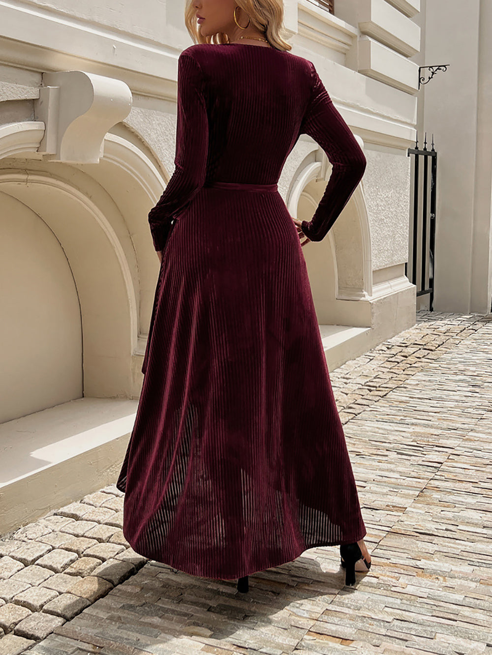 Women Accordion Pleats Velvet Wrap Maxi Dress