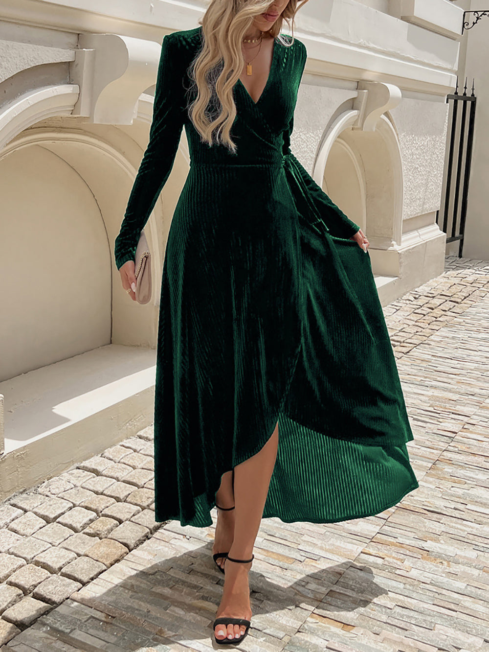 Women Velvet Wrap Midi Dress