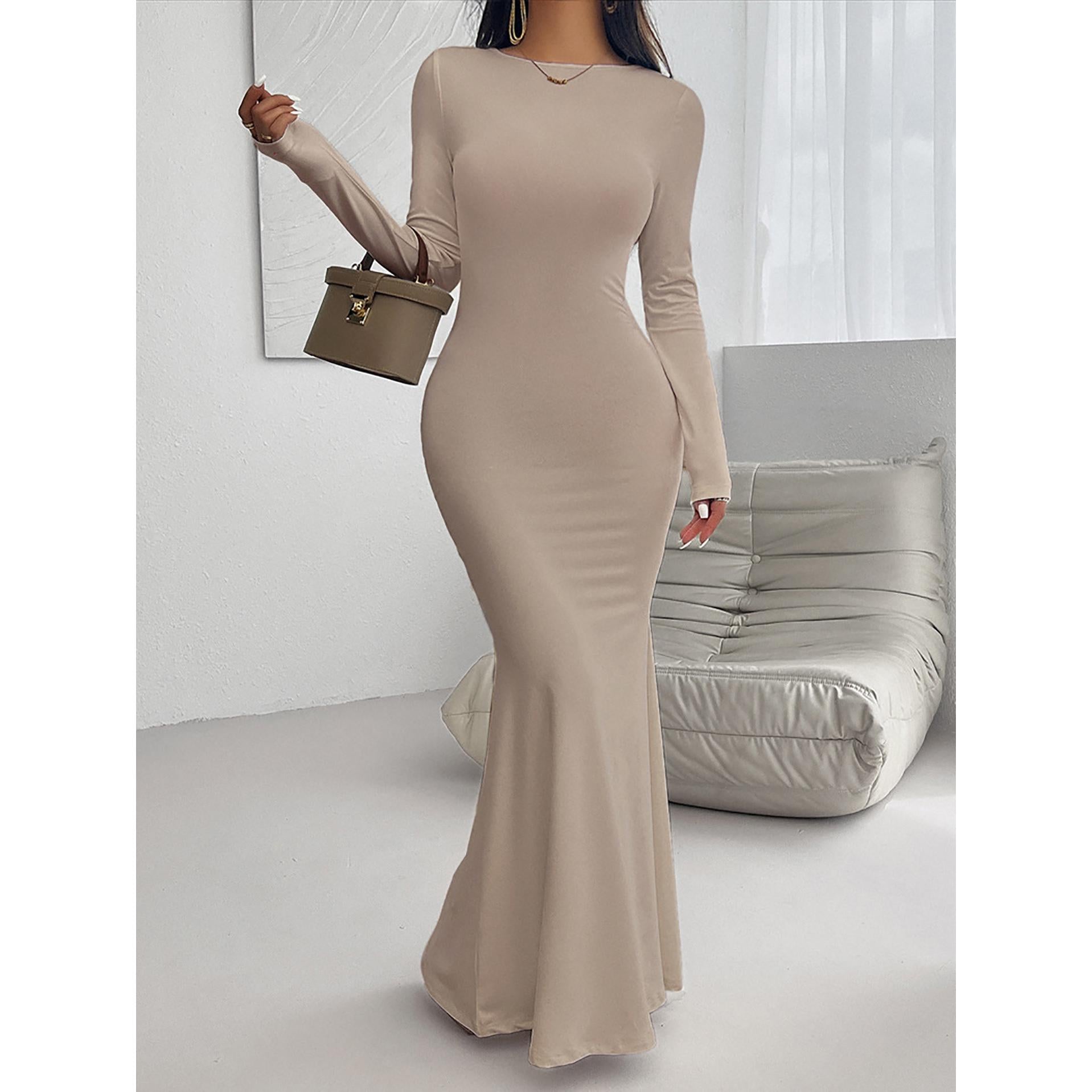 Boat Neck Long Regular Sleeves Bodycon Maxi Dress