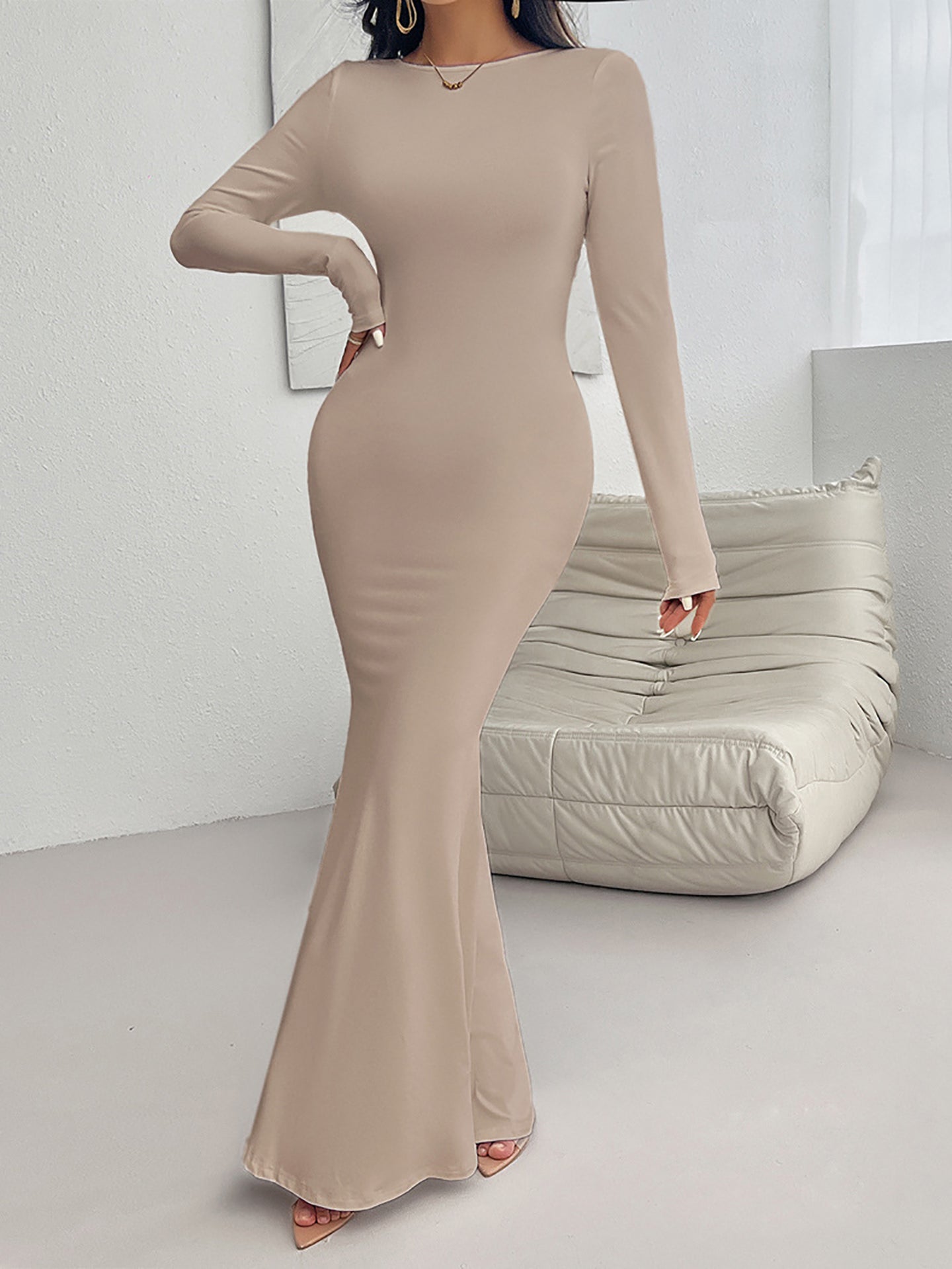 Boat Neck Long Regular Sleeves Bodycon Maxi Dress