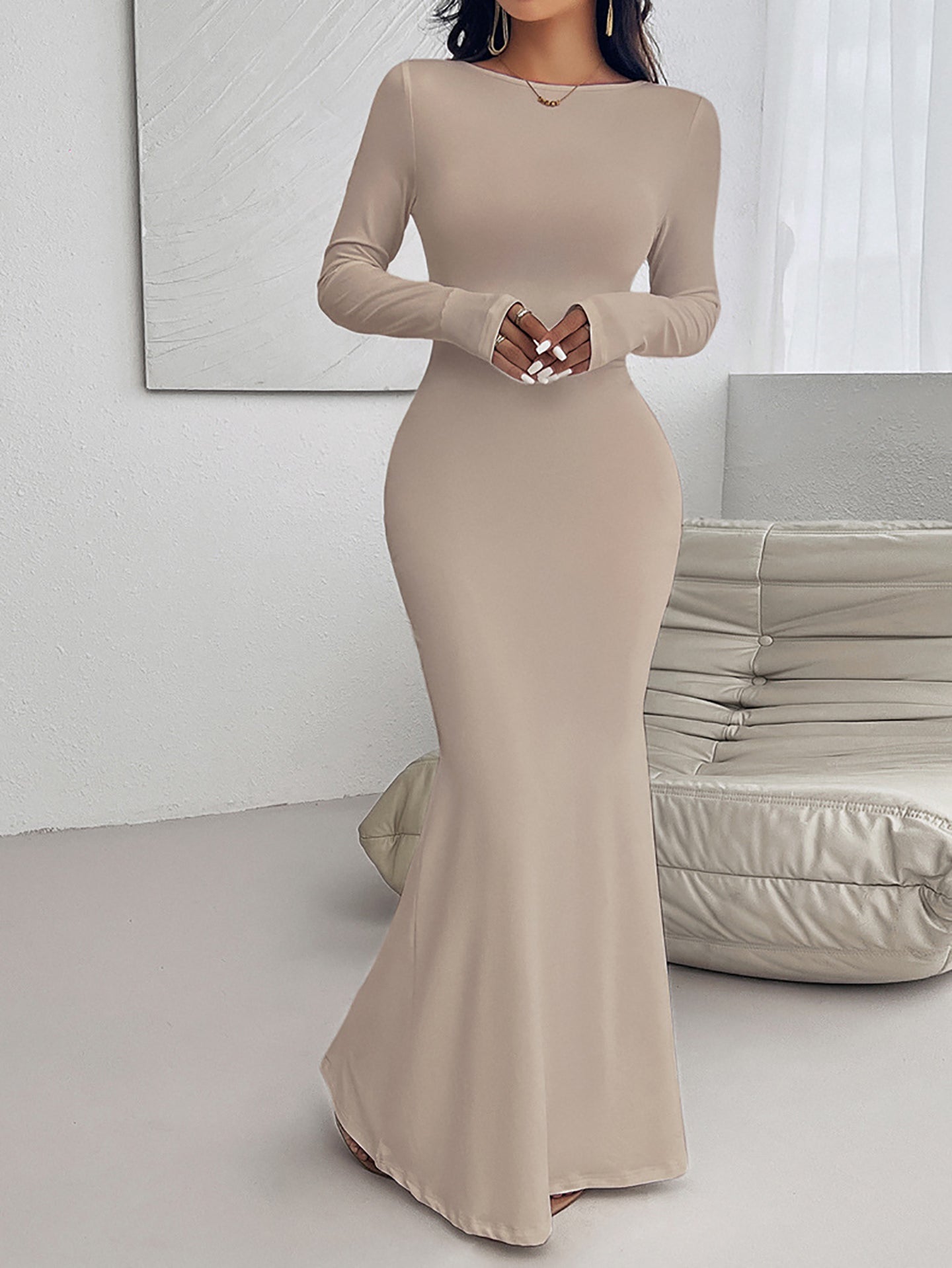 Boat Neck Long Regular Sleeves Bodycon Maxi Dress
