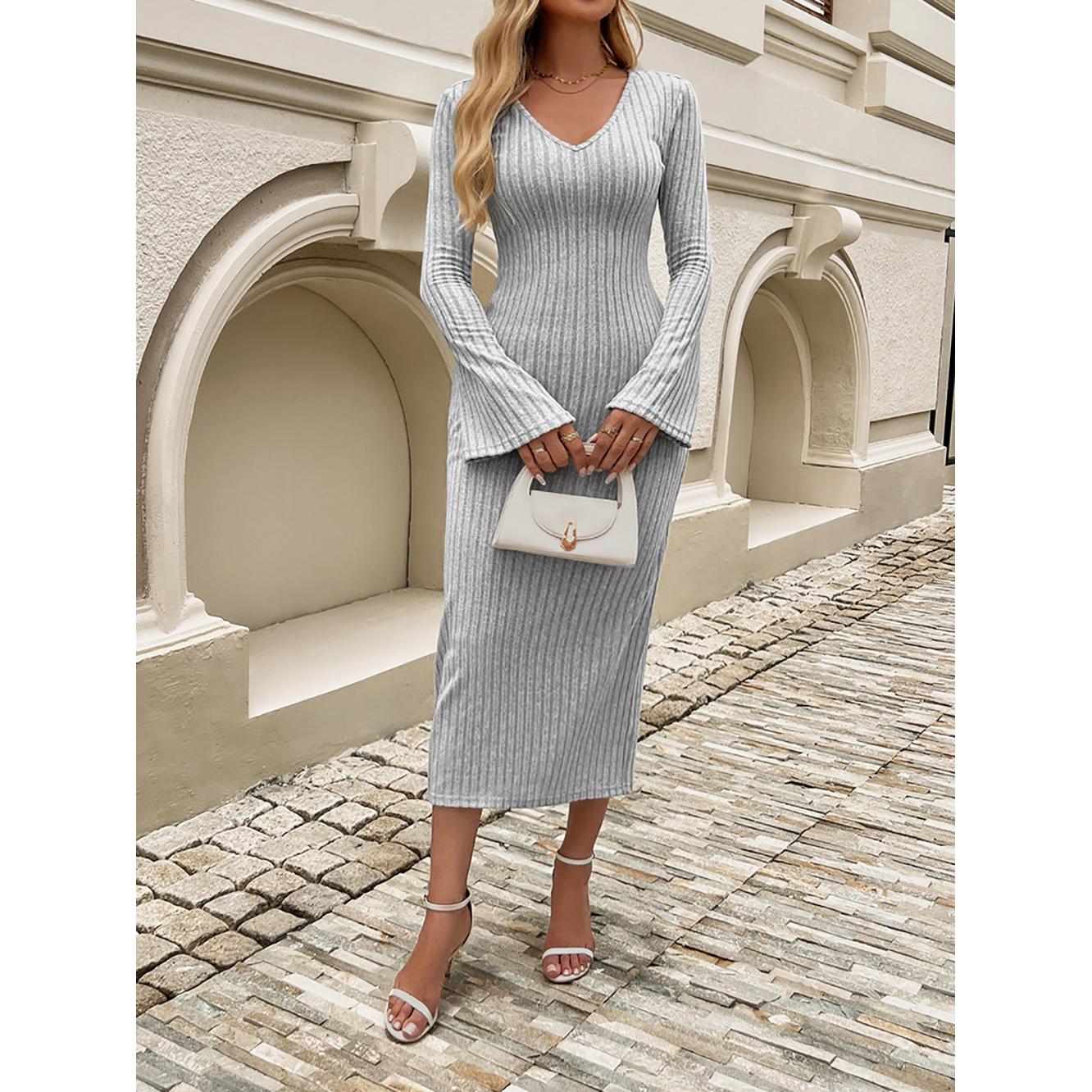 Women Flared Sleeve Scuba Bodycon Midi Dress