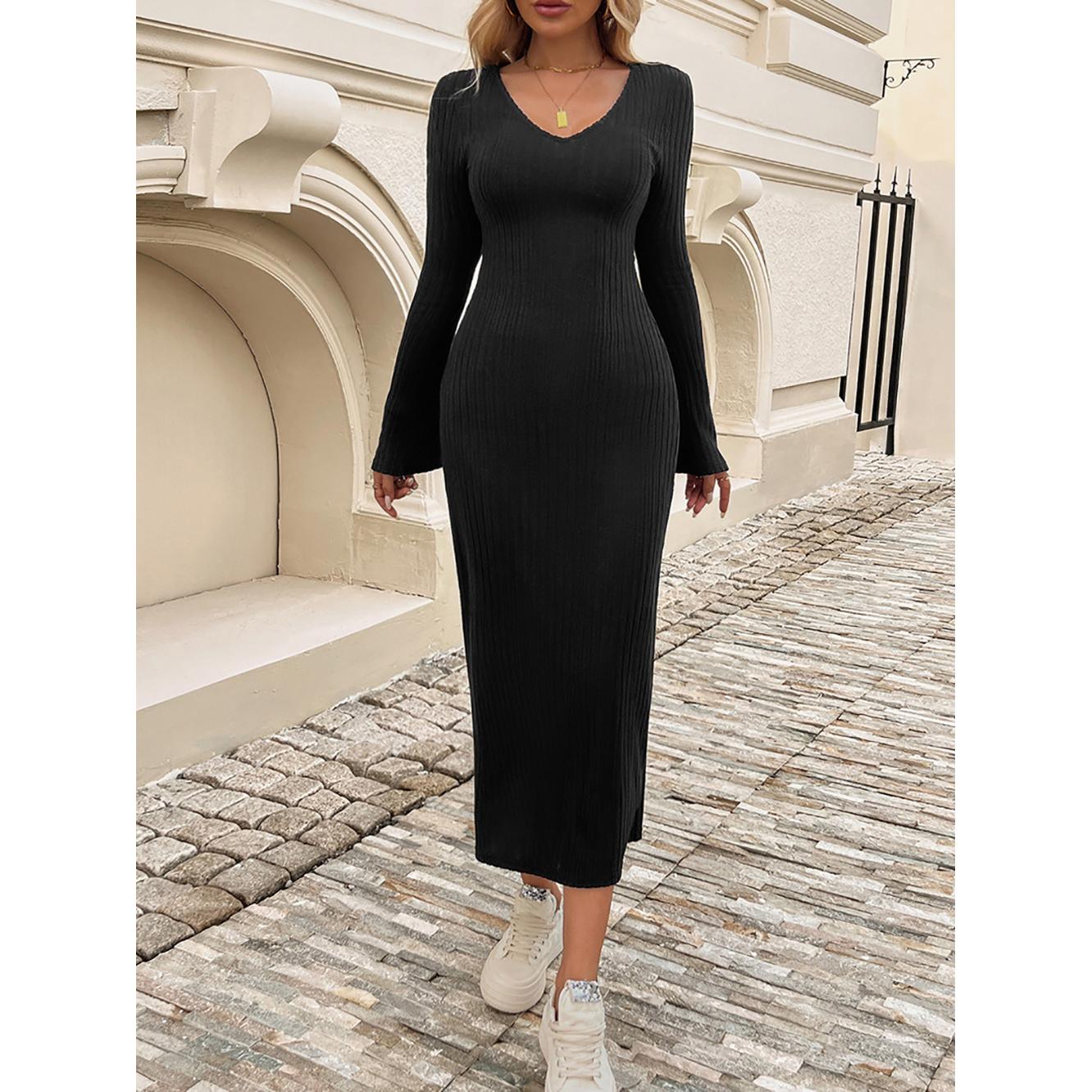 Women Flared Sleeve Scuba Bodycon Midi Dress