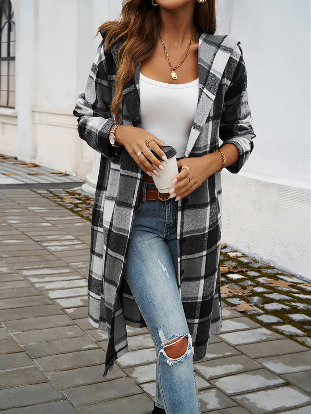 Women Checked Longline Tailored Jacket