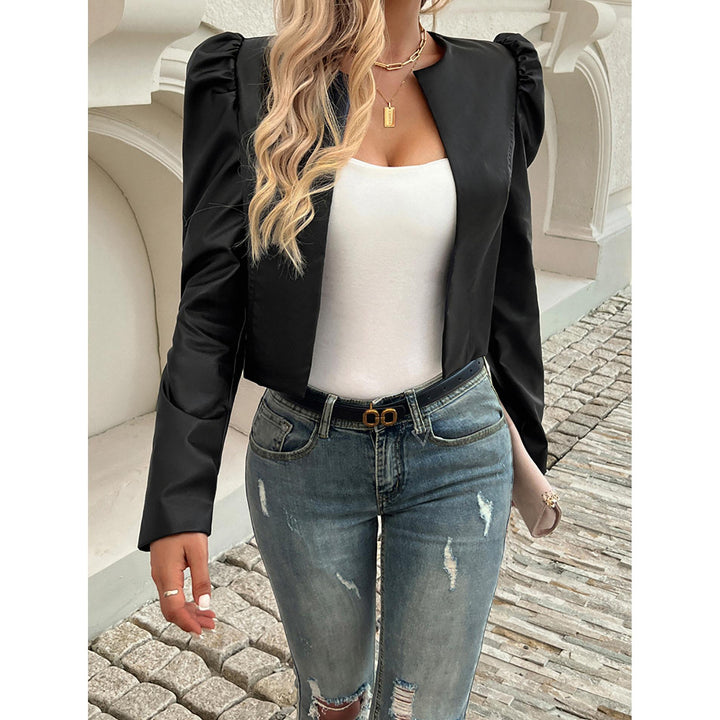 Women Collarless Crop Leather Jacket