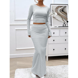 Grey & White Striped Round Neck Top with Skirt
