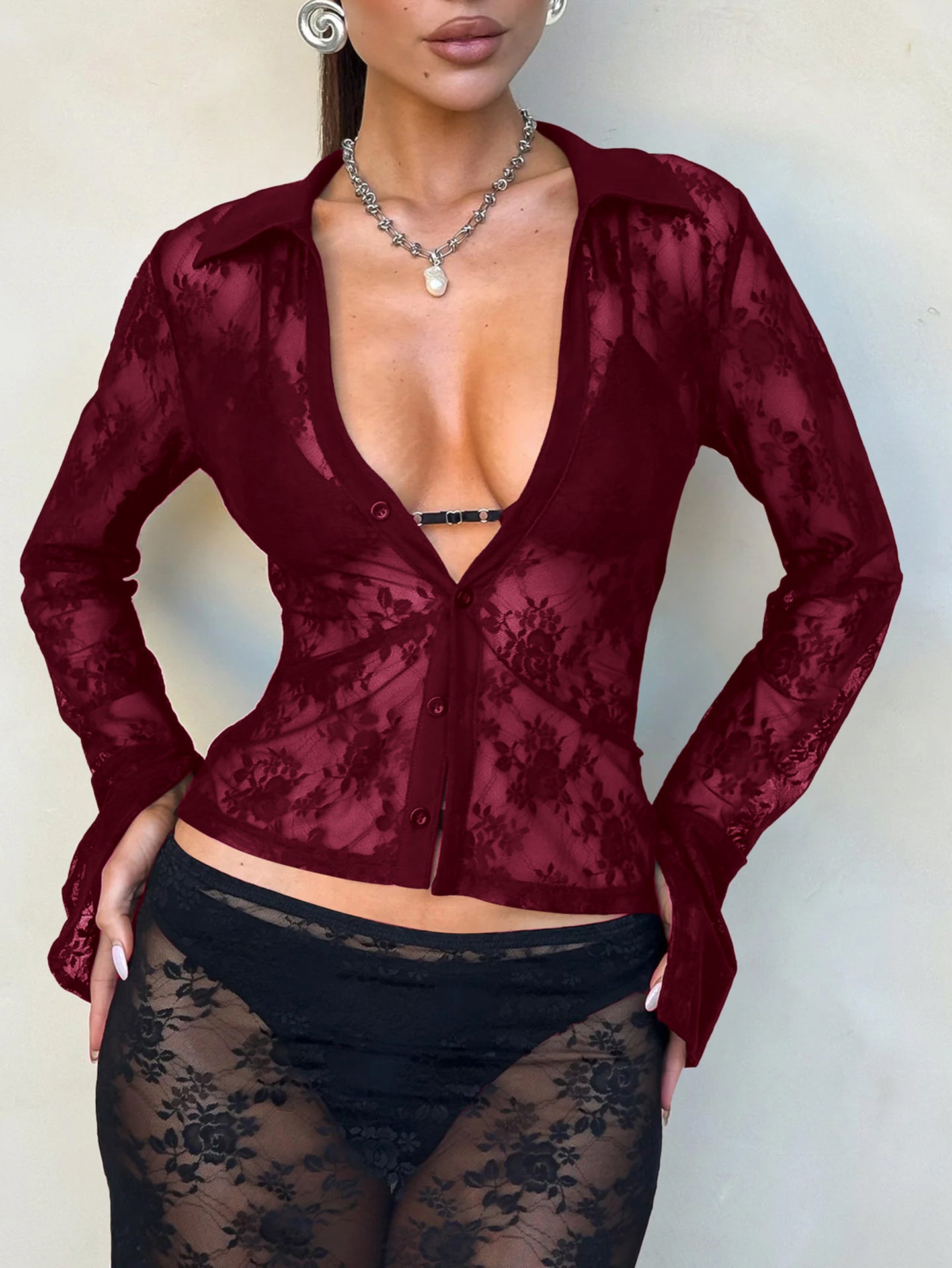 Women Self Design Floral Shirt Style Crop Top