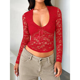 Women Lace Inserts Fitted Crop Top