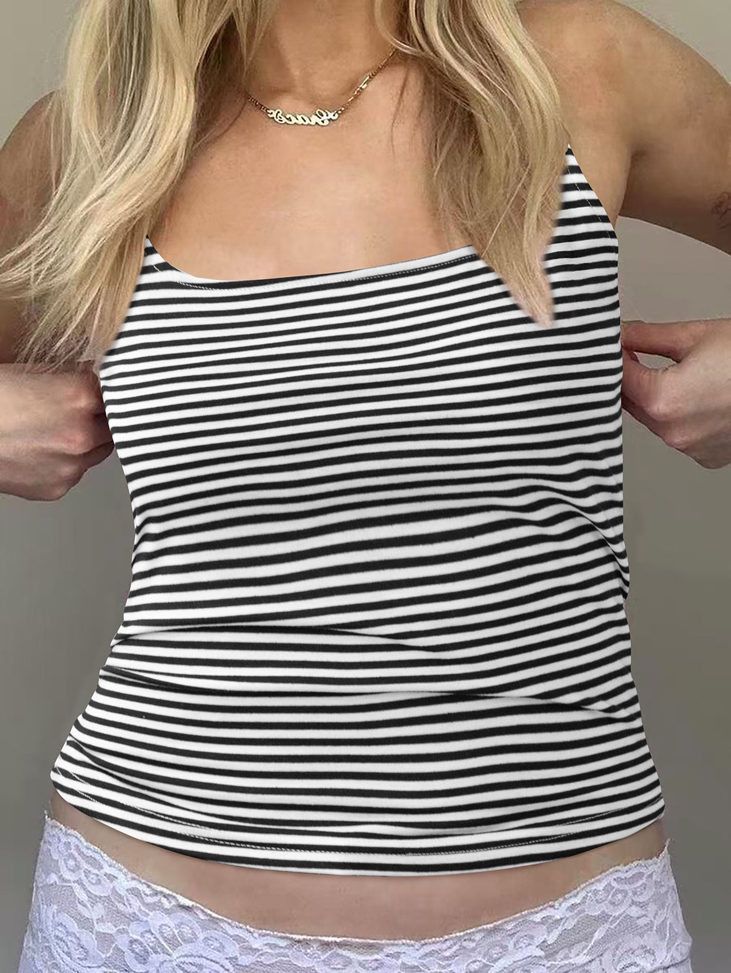 Horizontal Striped Shoulder Strap Fitted Crop Top