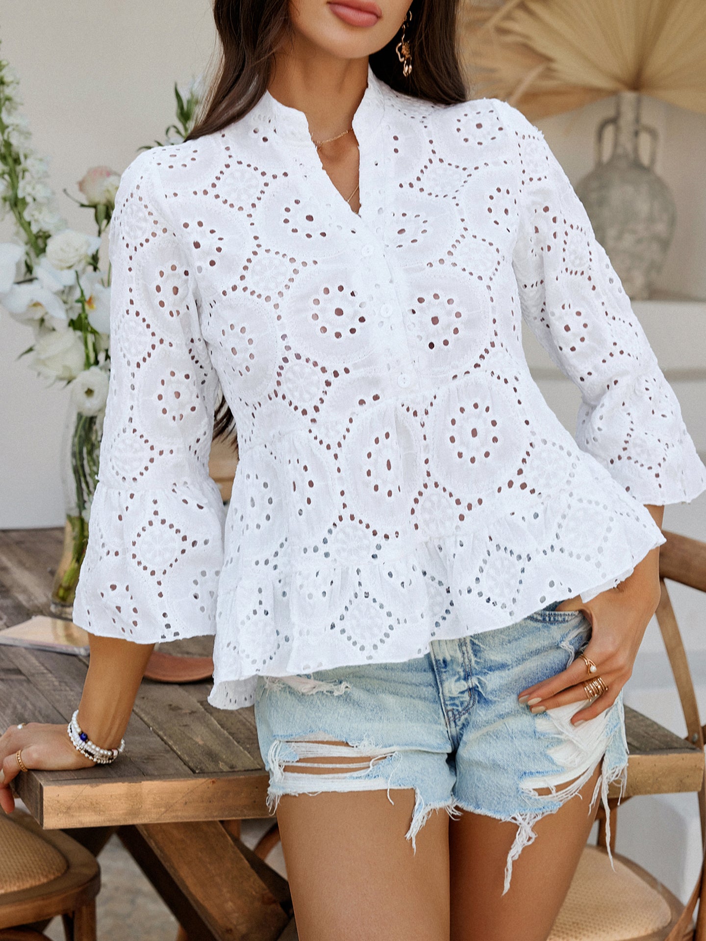 Women Self Design Schiffli Peplum Top
