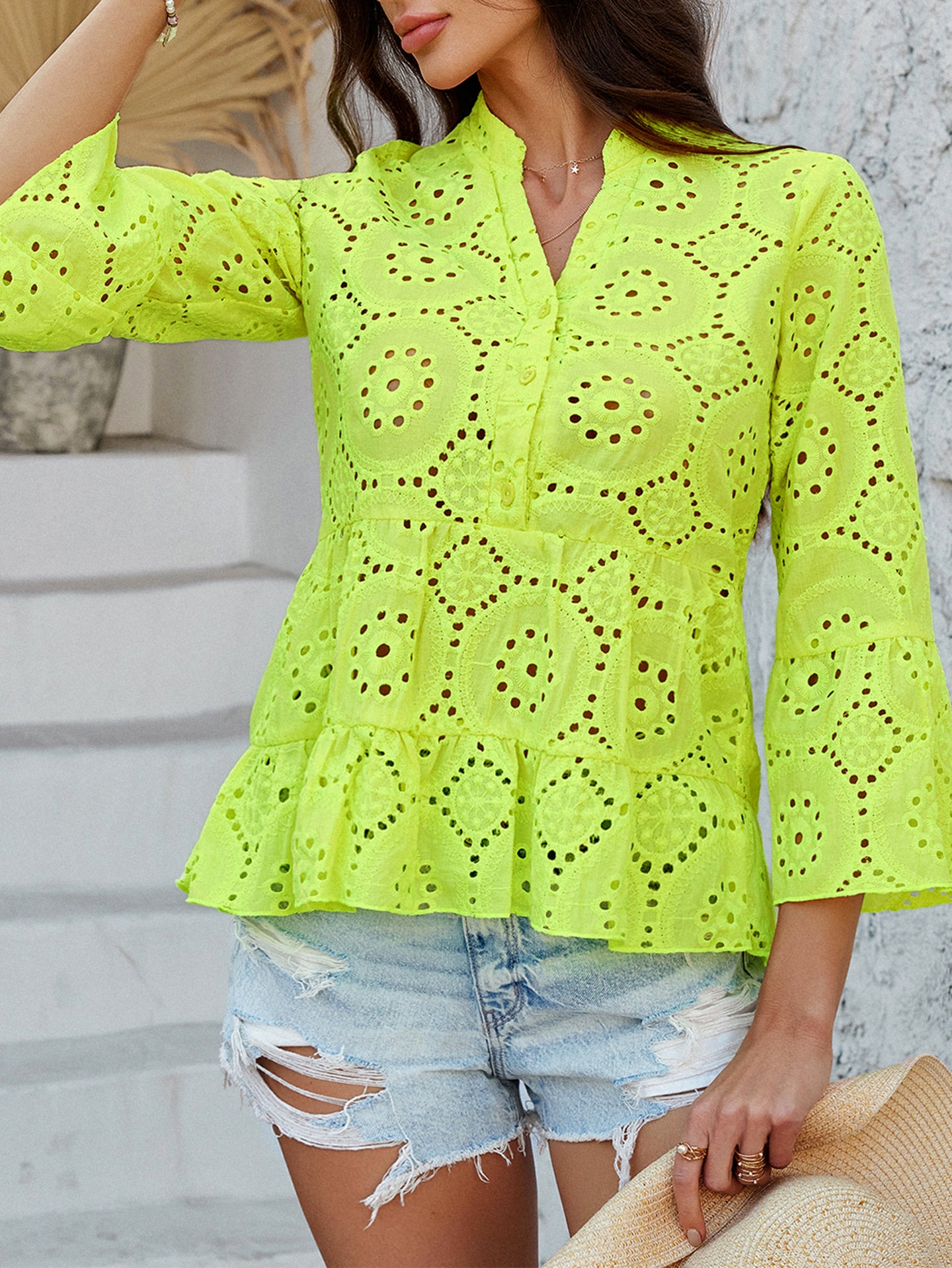 Women Solid Mandarine Collar Peplum Top