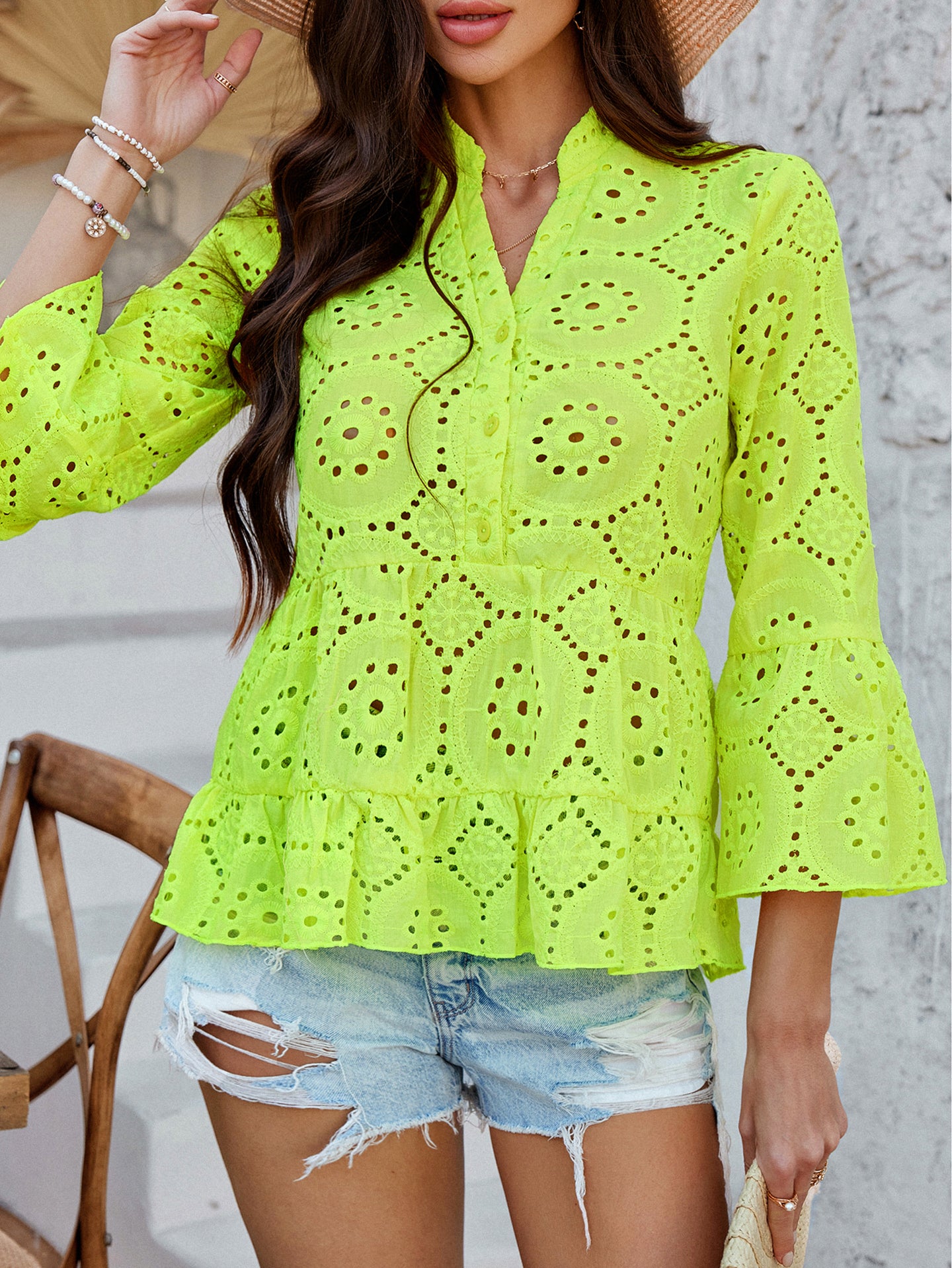 Women Solid Mandarine Collar Peplum Top