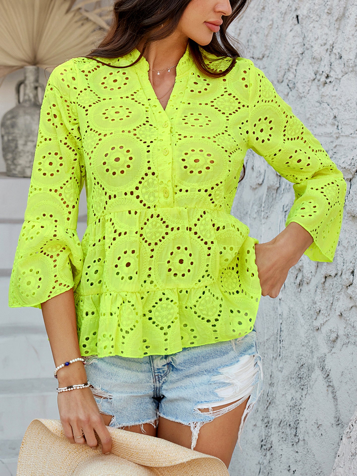 Women Solid Mandarine Collar Peplum Top